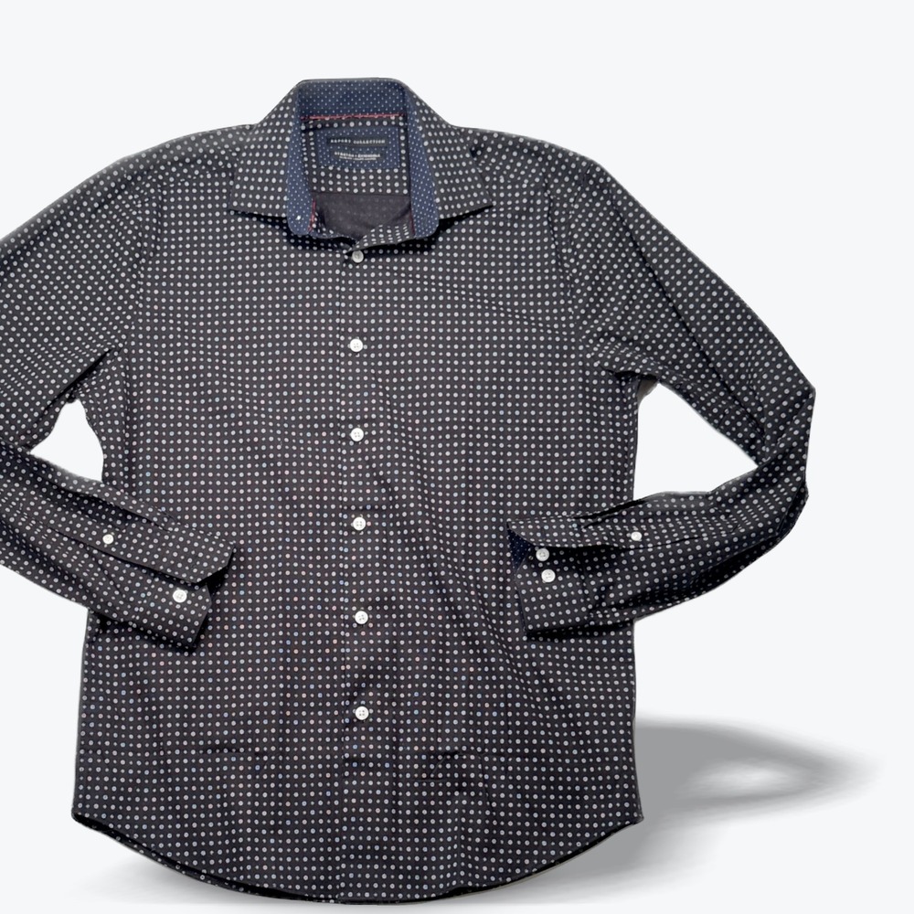 Report Collection Button Down Shirt Mens 15.5 34-35 Slim Fit Stretch Navy Dots